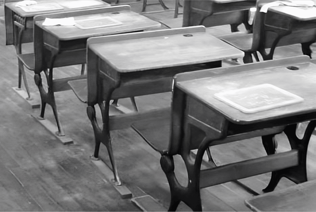 Vista en blanco y negro de una hilera de pupitres escolares de madera y hierro fundido, de estilo antiguo, con la tapa levantada en primer plano.